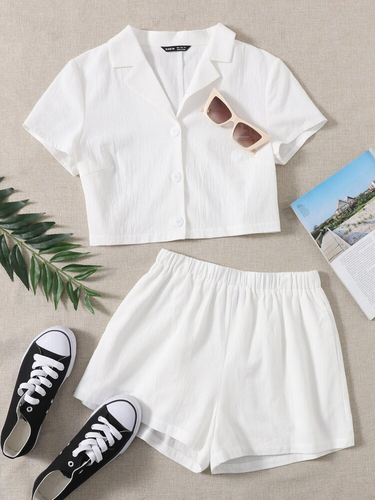 SHEIN EZwear Single Breasted Solid Shirt & Shorts Set | SHEIN