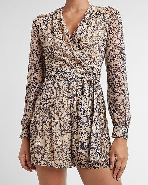 Printed Pleated Wrap Front Romper | Express