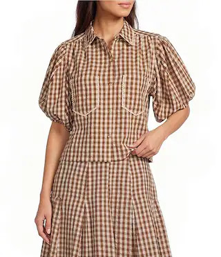 Woven Checker Gingham Print Collared Neck Short Bubble Sleeve Button Front Coordinating Shirt | Dillard's