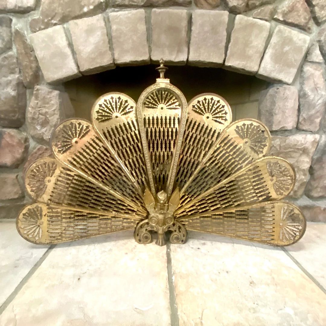 1920s Brass Fireplace Screen with Gothic Gargoyle | Antique Brass Retractable Folding Peacock Fan... | Etsy (US)