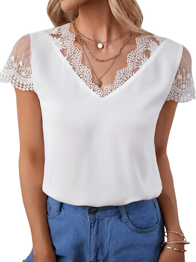 OYOANGLE Women's Casual V Neck Lace Contrast Mesh Embroidery Short Sleeve Work Office Blouse Shir... | Amazon (US)