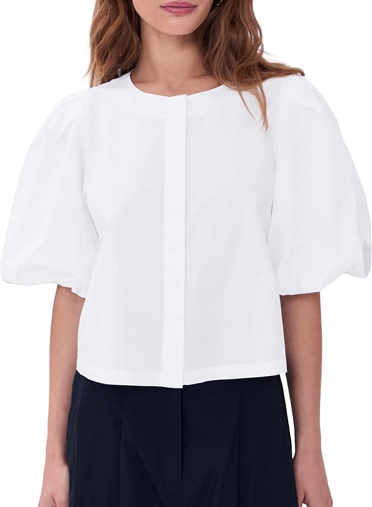 SUNNOW Women's Puff Sleeve Shirt Crew Neck Blouse with Elastic Cuffs & Hidden Button Placket Work... | Amazon (US)