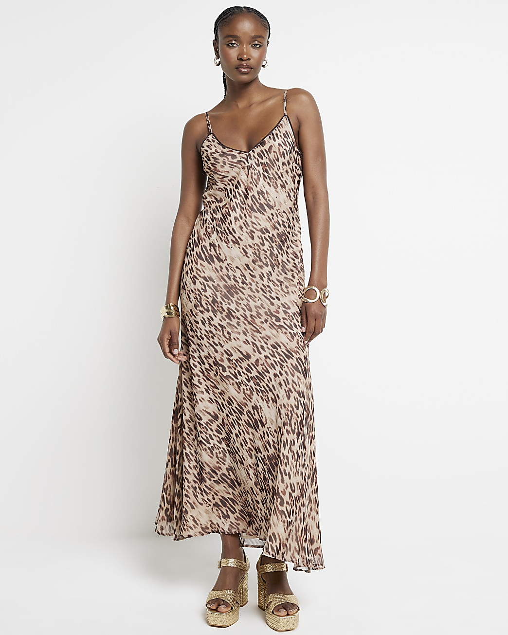 Beige leopard print sequin slip maxi dress | River Island (UK & IE)