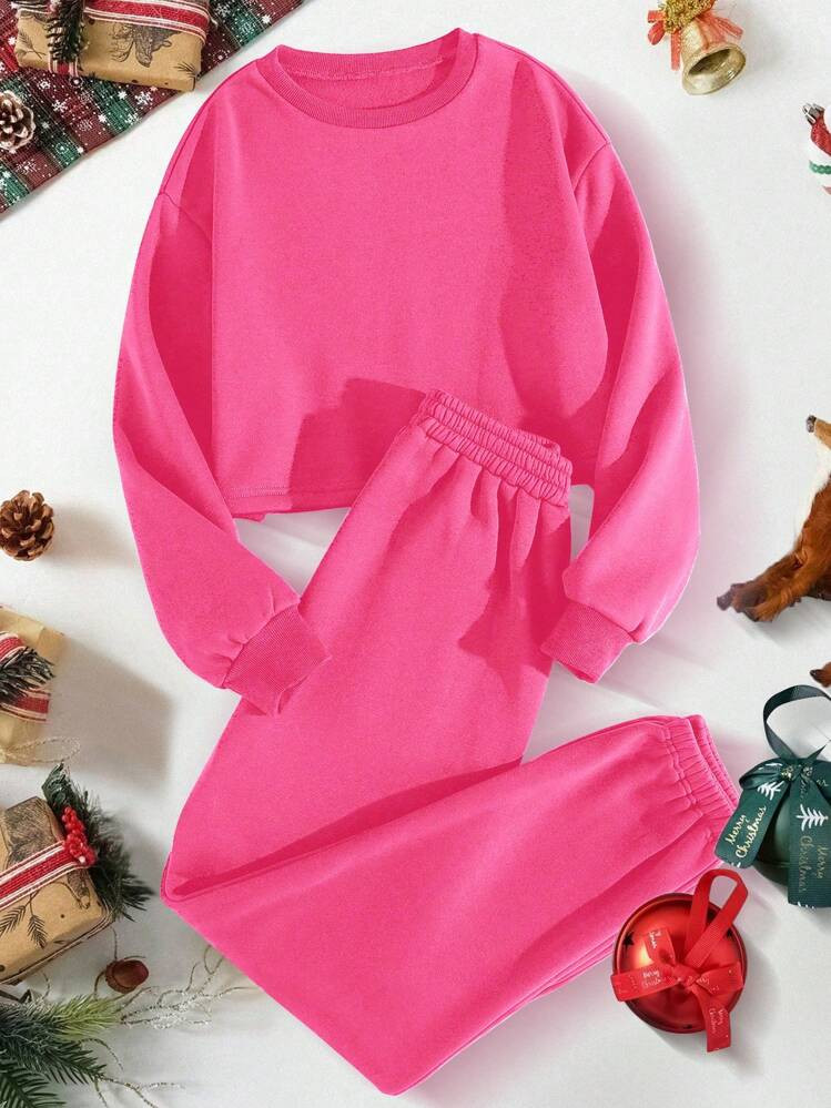 SHEIN MOOSTA Solid Color Crew Neck Long Sleeve Sweatshirt And Sweatpants Set With Thermal Lined | SHEIN