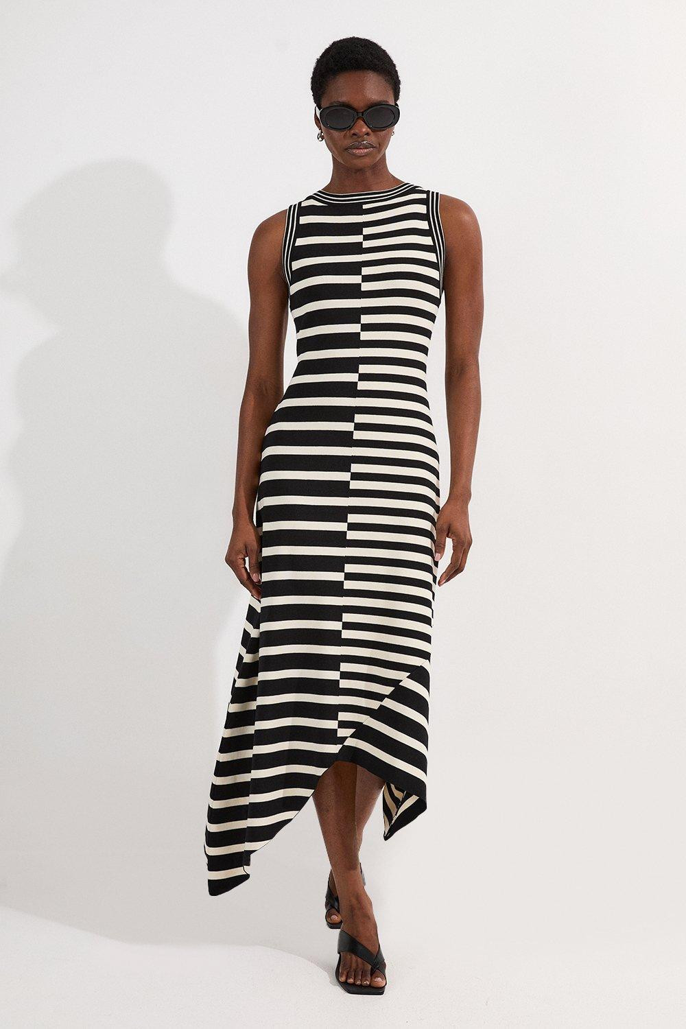 Asymmetric Hem Cut About Stripe Sleeveless Knitted Midi Dress | Karen Millen US