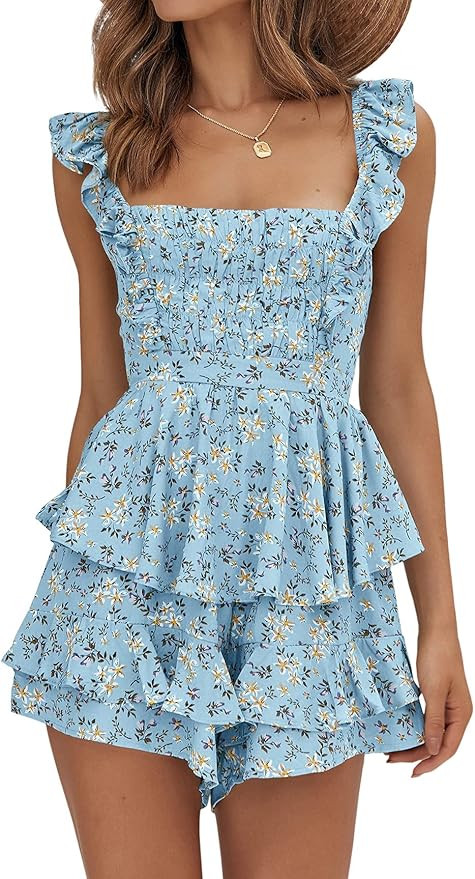 Farktop Womens Sexy Summer Romper Floral Square Neck Ruffle Strap Layer Hem Shorts Jumpsuits | Amazon (US)