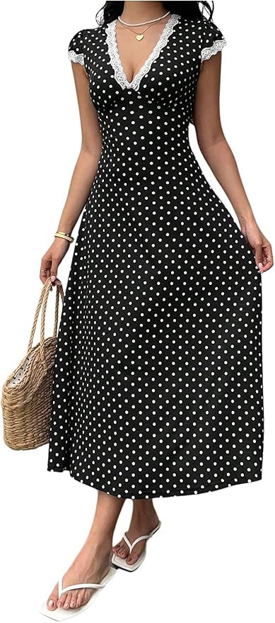 Milumia Women's Polka Dots Dress Lace Trim Deep V Neck Short Sleeve Flared Long Dresses Brunch Ou... | Amazon (US)