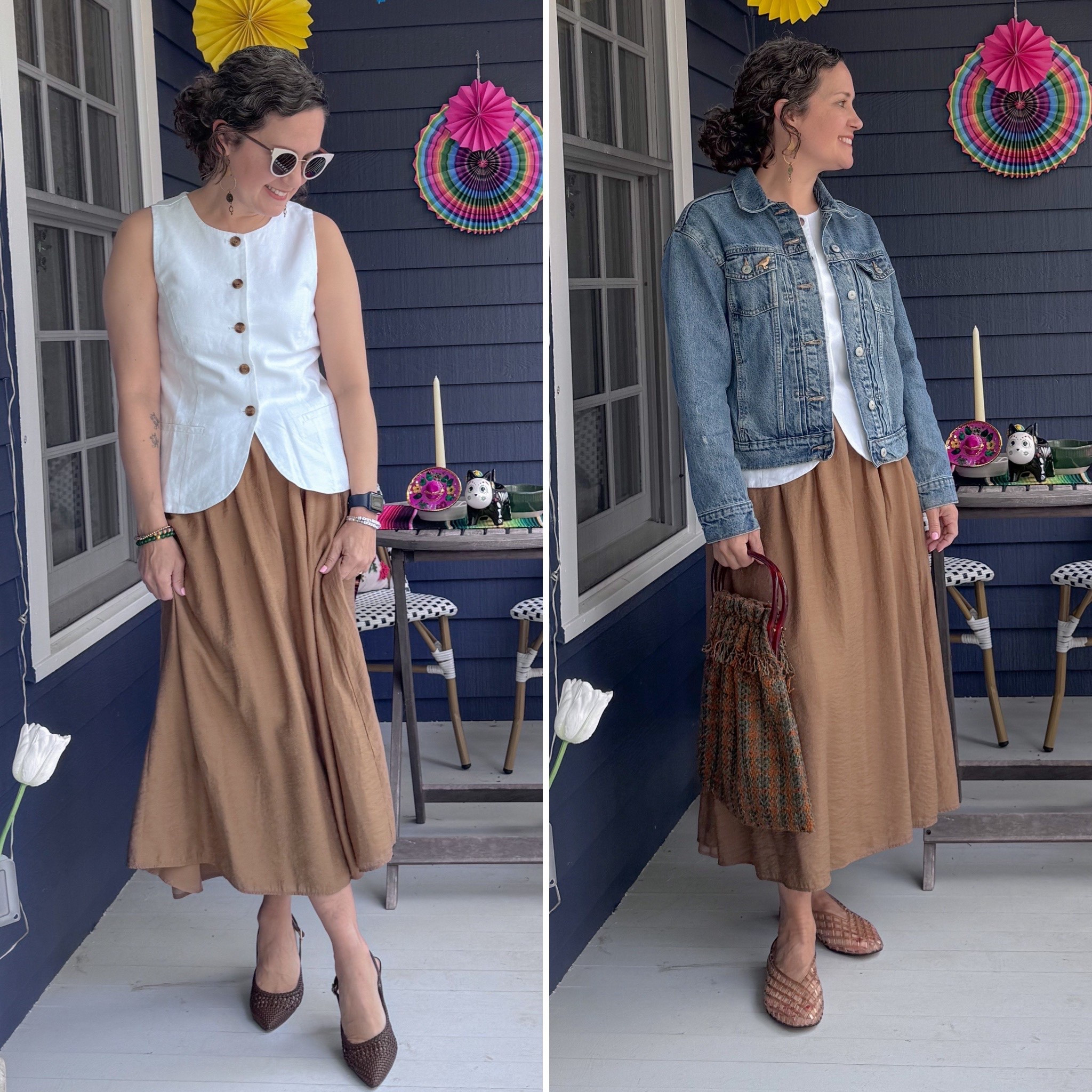 White split hem vest (J.Crew) and midi skirt (Mango) worn two ways. Business casual and then casual with a denim jacket (Old Navy) and jelly flats (Dolce Vita). Max Mara sunglasses and vintage bag.  

#LTKdayinmylife #LTKOver40 #LTKWorkwear