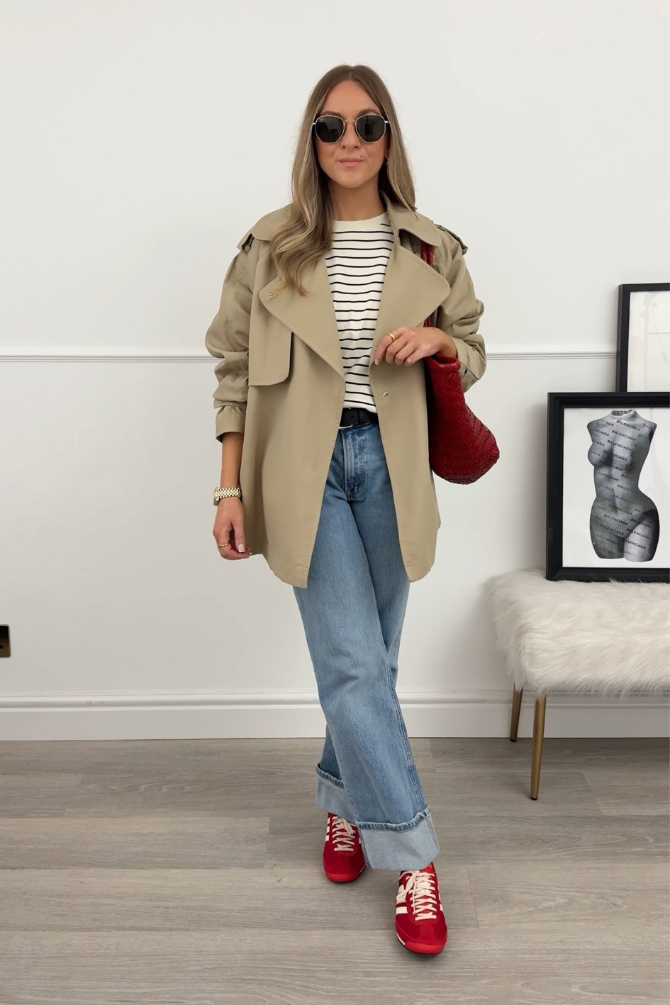 Short trench coat and jeans outfit with red adidas SL72 

#LTKuk #LTKstyletip #LTKeurope