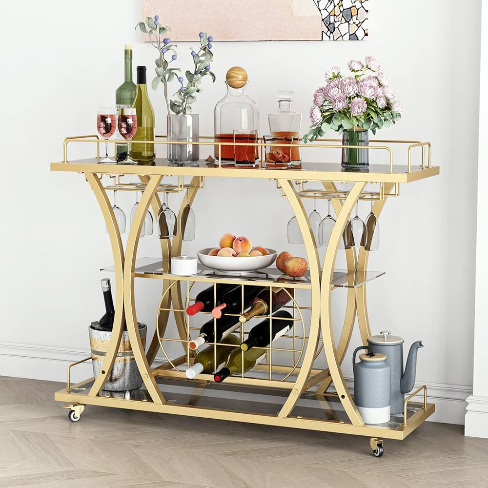 Gold Bar Carts with Glass Holders & Wine Rack,3 Tier Home Bar Serving Carts with Glass Shelves,Me... | Amazon (US)