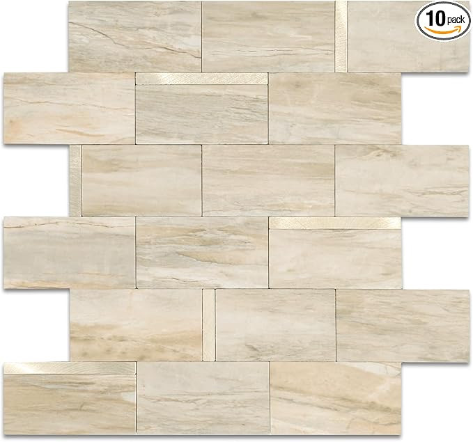 10-Sheet Peel and Stick Backsplash for Kitchen Tiles,Beige Marble Mixed Gold Metal Stick on Backs... | Amazon (US)