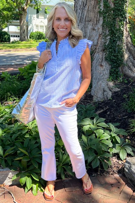 I will forever live a blue and white stripe!!!! Wearing XS top. Use code LISA10 
Use COAST20 on bag 
Wearing 0 jeans 
Love these sandals!!! 

#LTKSeasonal #LTKOver40 #LTKStyleTip