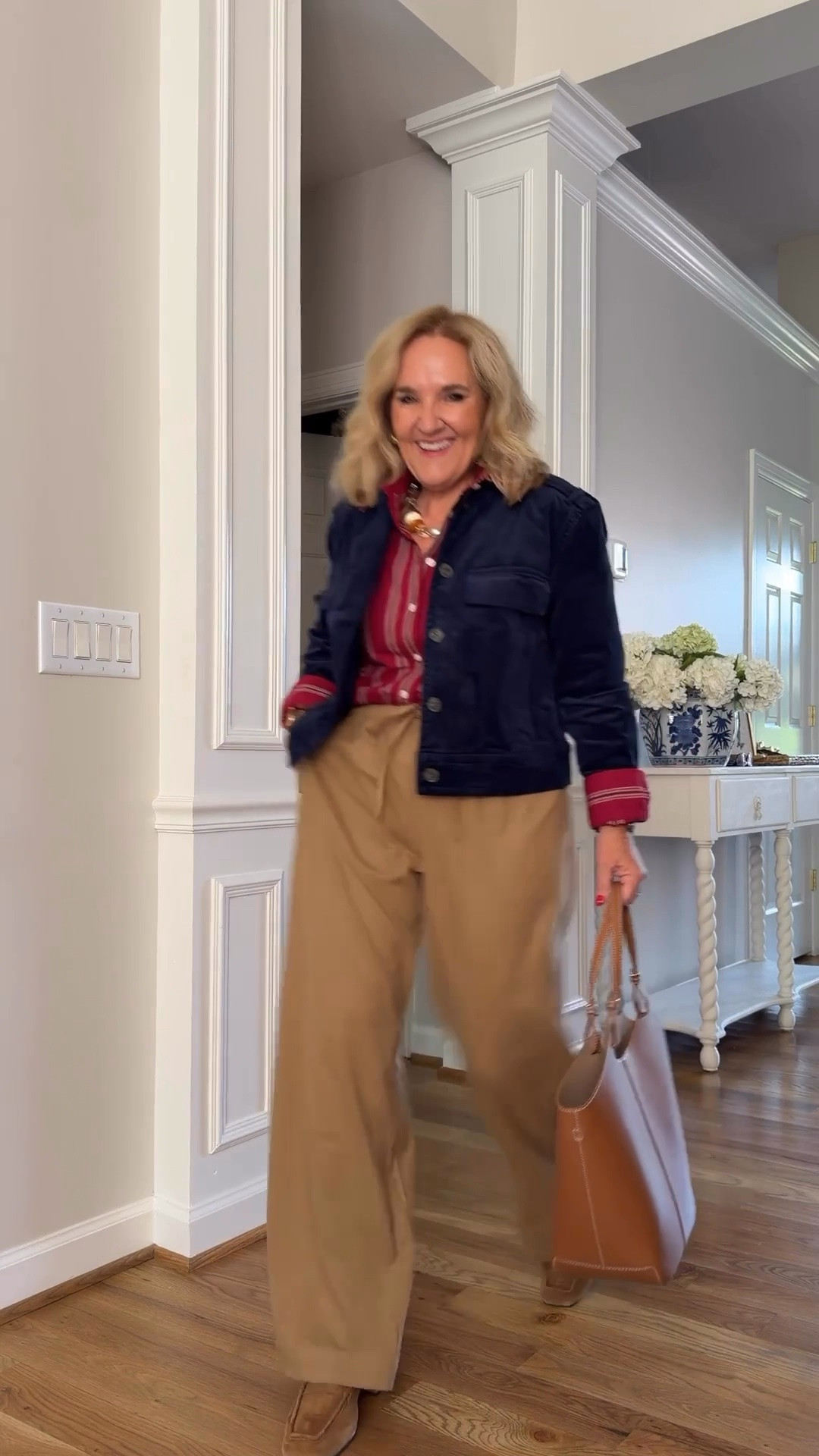 I like the mix of navy, burgundy and camel here. I’m wearing a medium in the corduroy jacket and pants, with a small petite in the striped blouse.

#LTKootd #LTKWorkwear #LTKOver40