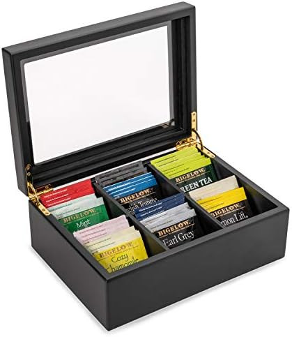 Wooden Tea Organizer For Tea Bags - Black Wooden Tea Chest With 6 Compartments - Clear Top Window -  | Amazon (US)