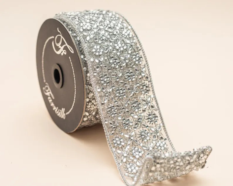 Designer Silver Sheer Jewel Ribbon \u2013 2.5" X 5 Yards Luxury Christmas Ribbon for Tree, Wreath... | Etsy (Global)