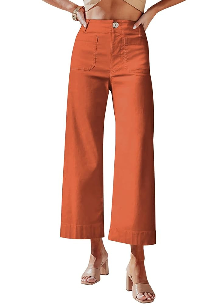 miduo Womens High Waisted Cropped Wide Leg Stretchy Straight Pants Trousers with Pockets | Amazon (US)