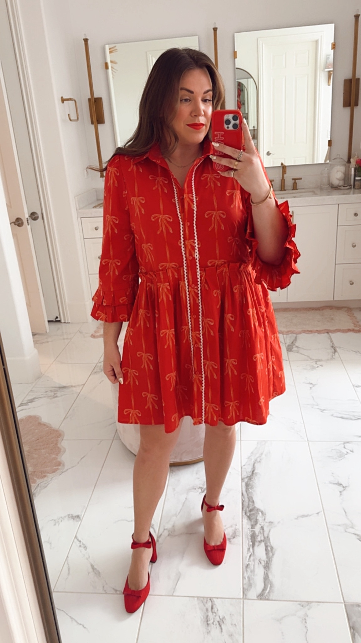 curvy red bow print Holiday  christmas dress! wearing size xl but could have just taken the large. comes in matching baby and little girl

use code CHEER30SARAHT for 30% off until Nov 9th 

#LTKHoliday #LTKMidsize #LTKSeasonal