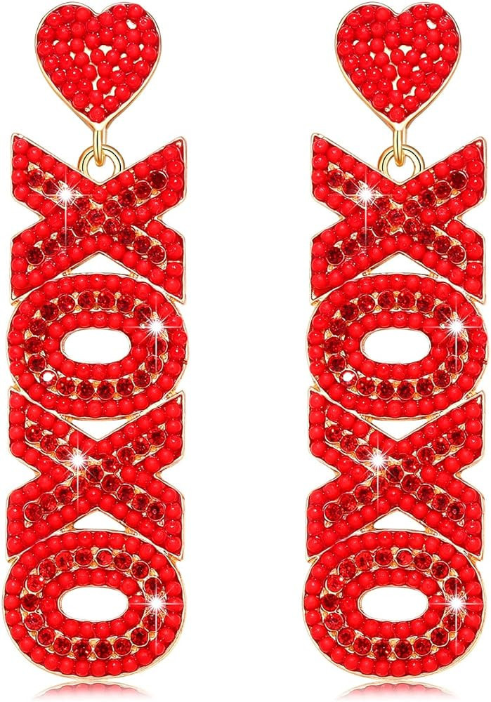 Valentine’s Day Earrings, Beaded Heart Earrings for Women Rhinestone Glitter XOXO LOVE Earrings... | Amazon (US)