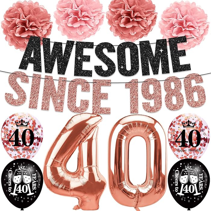 40th Birthday Decorations for Women, Rose Gold Black Pre-strung Awesome Since 1986 Banner Paper P... | Amazon (US)