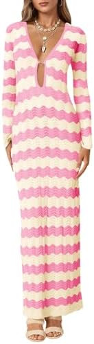 Saodimallsu Womens Crochet Summer Maxi Dress Striped Sexy Cut Out V Neck Long Sleeve Knit Cover U... | Amazon (US)