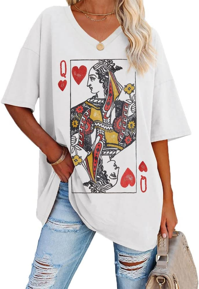 Fazortev Womens Oversized Queen Of Hearts Graphic T Shirts Casual V Neck Half Sleeve Summer Loose... | Amazon (US)