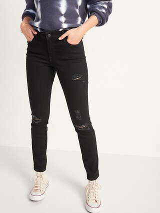 Mid-Rise Pop Icon Skinny Black Ripped Jeans for Women | Old Navy (CA)