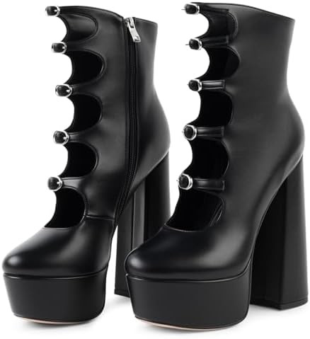 FancyQueen Goth Ankle Boots Platform Boots for Women Patent Leather Buckle Strap Black Chunky Hig... | Amazon (US)