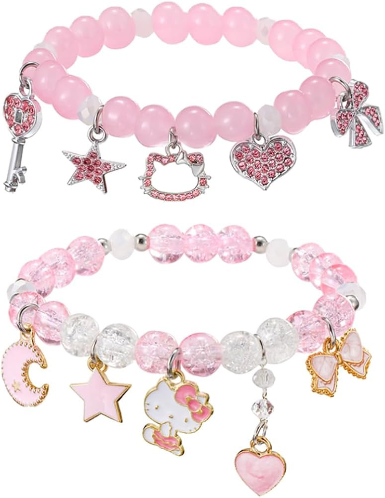 Kawaii Kitty Bracelets Set Elastic Crystal Bead Bracelets Elastic Kawaii Charm Bracelets Birthday... | Amazon (US)