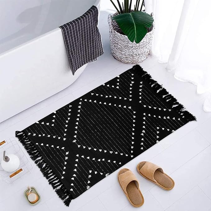 LIVEBOX Boho Bathroom Rug 2' x 3' Washable Black Rug Small Moroccan Throw Rug for Bath,Cotton Wov... | Amazon (US)