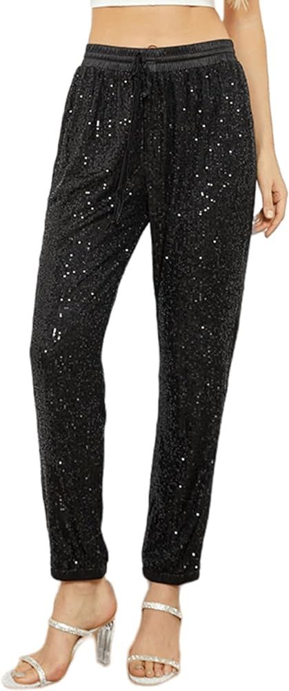 Women Sequin Pants Sparkly Glitter High Waisted Wide Leg Flare Trousers Bell Bottom Night Out Clu... | Amazon (US)