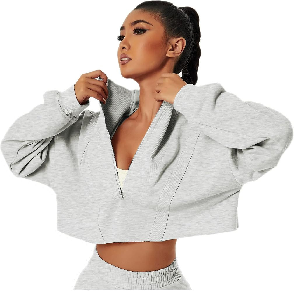 Womens Cropped Sweatshirt Long Sleeve Half Zip Loose Workout Crop Athletic Jacket | Amazon (US)