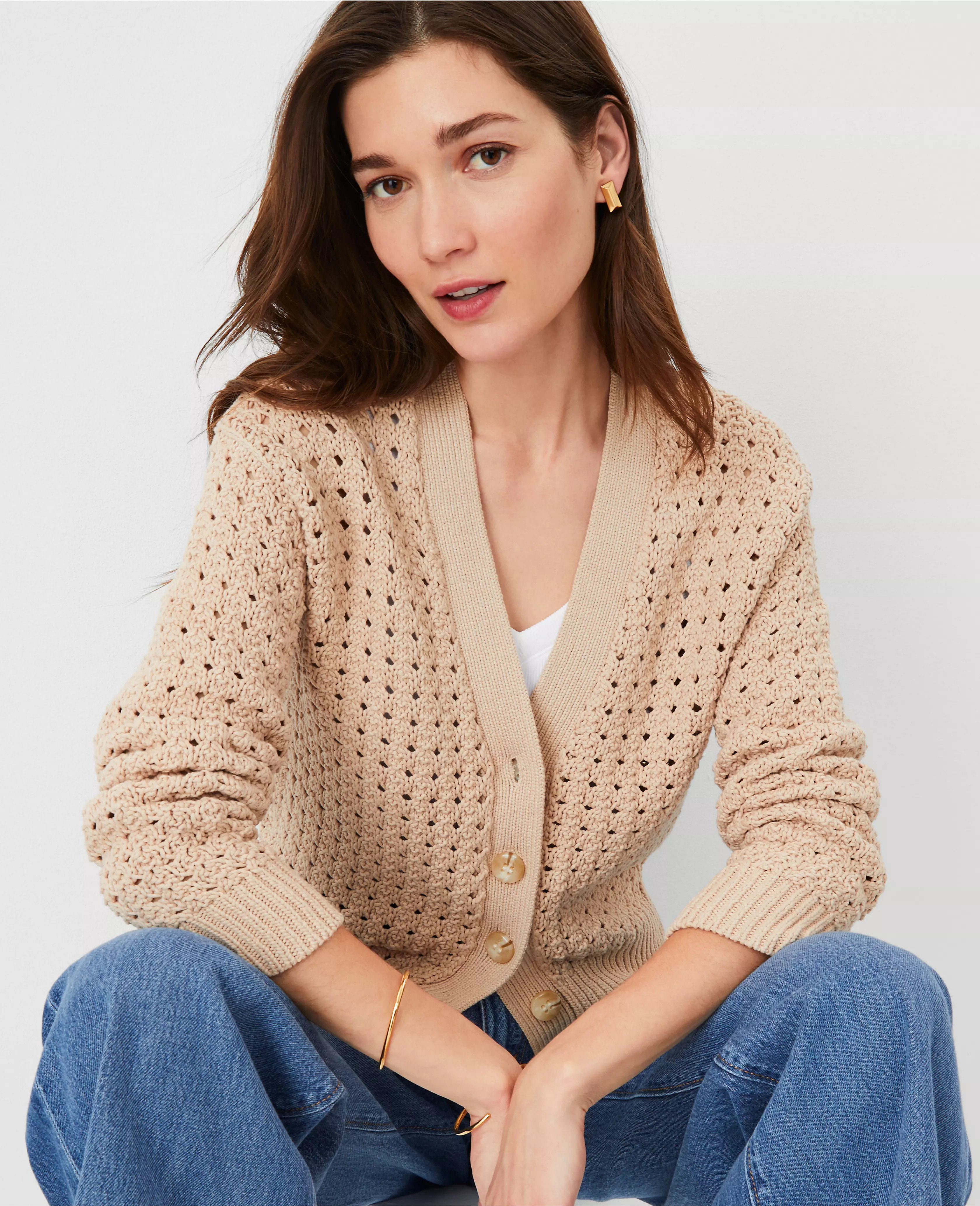 Petite AT Weekend Mesh Stitch V-Neck Cardigan | Ann Taylor (US)