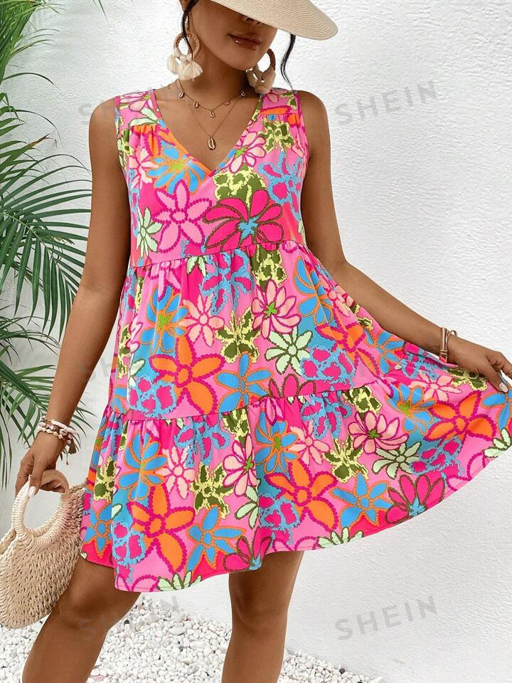 SHEIN VCAY Vacation Flower Print V-Neck Dress With Ruffled Hem Summer Mini Dress For Women | SHEIN