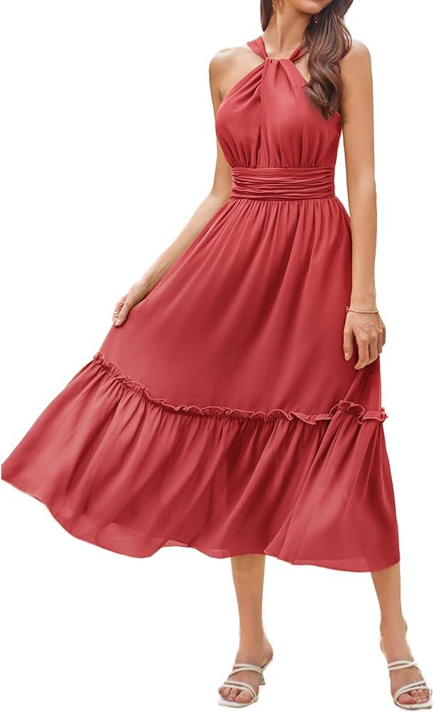 GRACE KARIN Women's 2024 Halter Summer Sleeveless Flowy Maxi Dress Casual Smocked Tiered Wedding ... | Amazon (US)