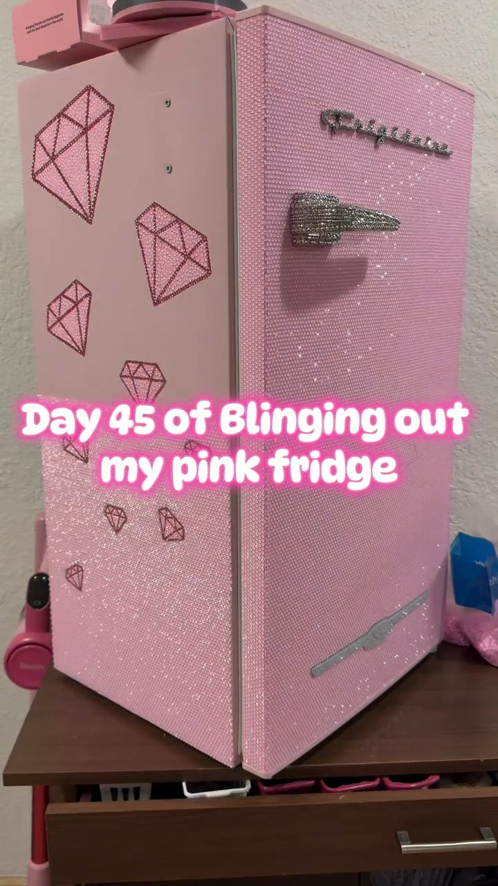 Day 45 of blinging out my pink fridge #reelsinstagram #pink #pinkaesthetics #diy #custommade