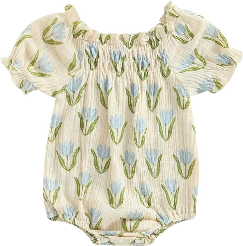 SAYOO Infant Baby Girl Linen Romper Smocked Bubble Bodysuit Frill Trim Ruffle One-Piece Jumpsuit ... | Amazon (US)