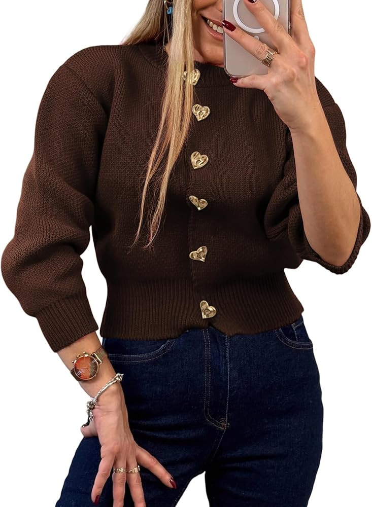 Women’s Knit Cardigan Sweater with Heart Buttons, Casual Button Down Knitwear Long Sleeve Cropp... | Amazon (US)