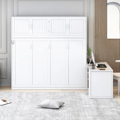 Queen Wall Murphy Bed with Desk, Storage Shelves & Large Cabinets – Space-Saving White Bedroom Bed | Wayfair North America