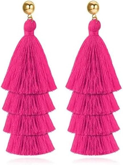 Layered Tassel Dangle Earrings, Hypoallergenic Drop Earrings for Women Teen Girls, Hot Pink Stud ... | Amazon (US)