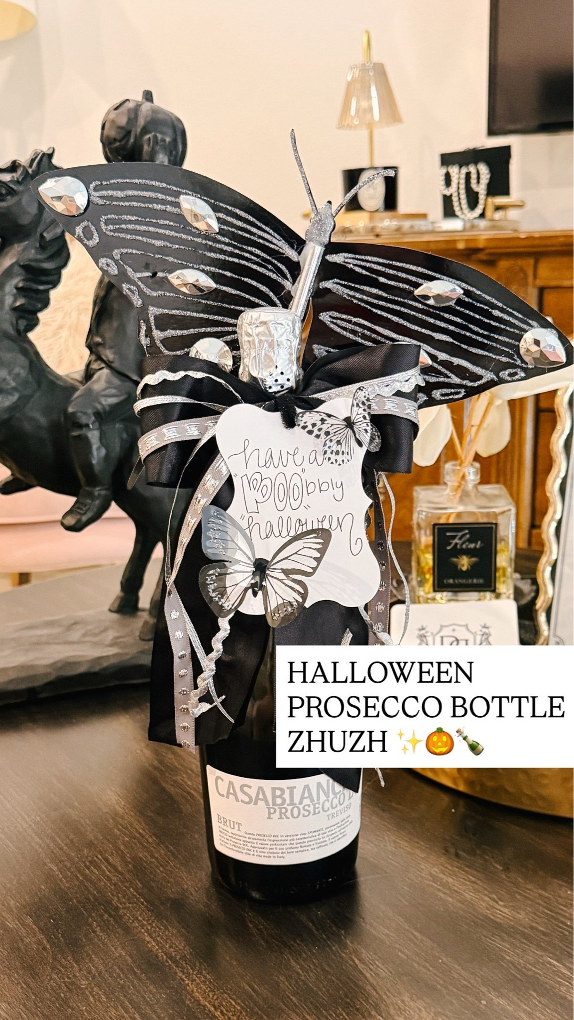 Linkable supplies I used to turn the bottle of prosecco into a festive Halloween hostess gift! 

But there are a million ways to adjust to repurpose what you have around your house 

Link to download the butterfly / moth file I used: https://canva.link/1bc7403fngl9kzh