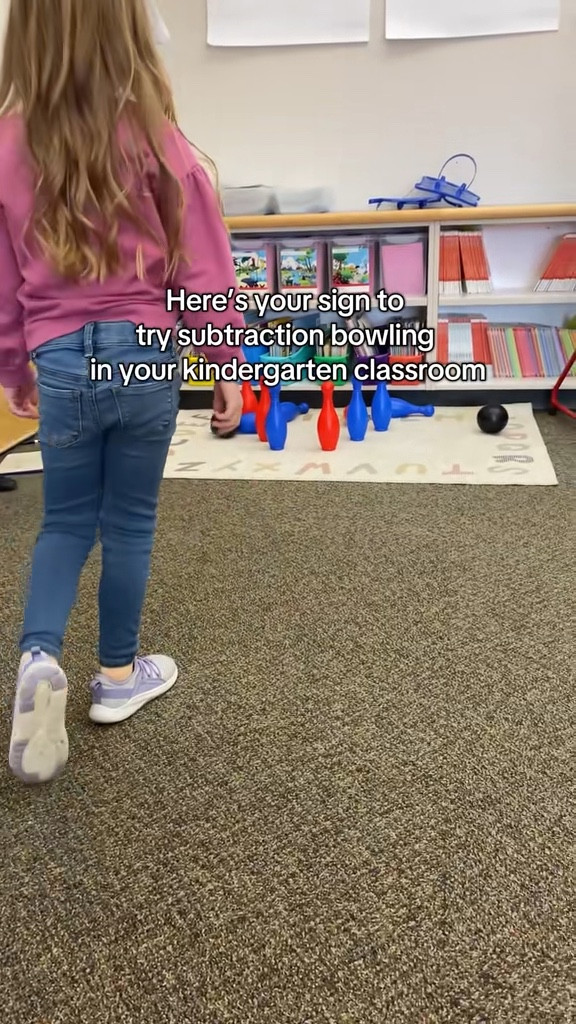 Subtraction bowling was a hit! Here is the affordable bowling set from Walmart. The carrying case it comes in is super easy for storage and setup. 