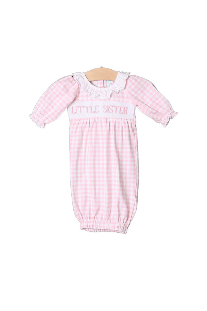 Smocked Little Sister Pink Gingham Gown | The Smocked Flamingo