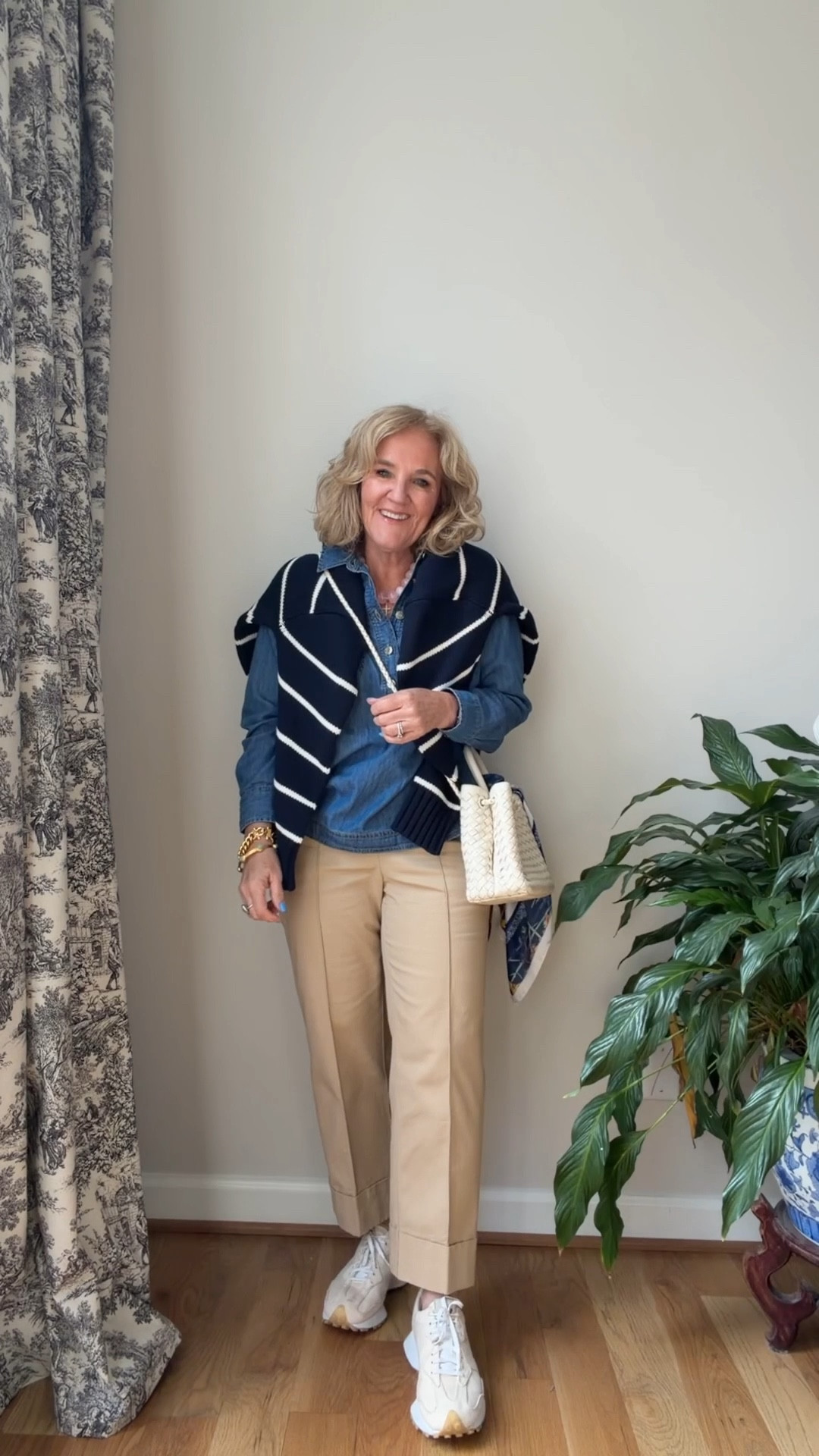 My hair though was making me crazy. 
Denim popover and khakis. Classics! 
Khakis size 8 petite 
Popover medium petite 
Striped sweater is a fabulous cotton lofectue classic navy I did size up to a large for an oversized fit, but you don’t need to.


#LTKOver40 #LTKspring #LTKSaleAlert