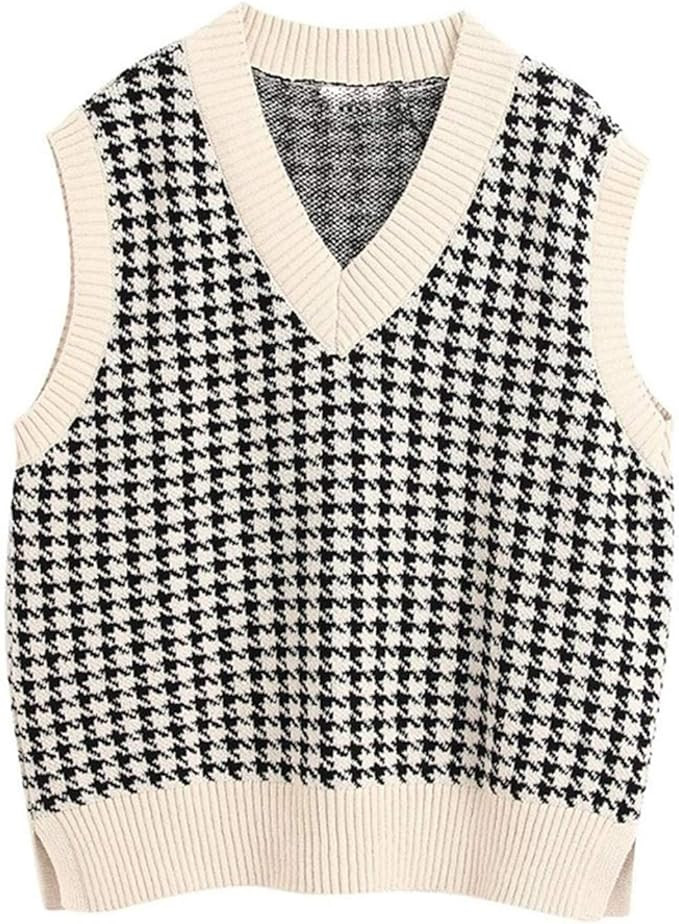 SLLSKY Oversized Houndstooth Knitted Vest Sweater Vintage V Neck Loose Sleeveless Sweater | Amazon (US)