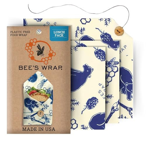 Bee's Wrap Reusable Beeswax Food Wraps Made in The USA, Eco Friendly Beeswax Wraps for Food, Sustainable Food Storage Containers, Reusable Bags Assorted 3 Pack (2M, 1 Sandwich), Bees + Bears Print | Amazon (US)