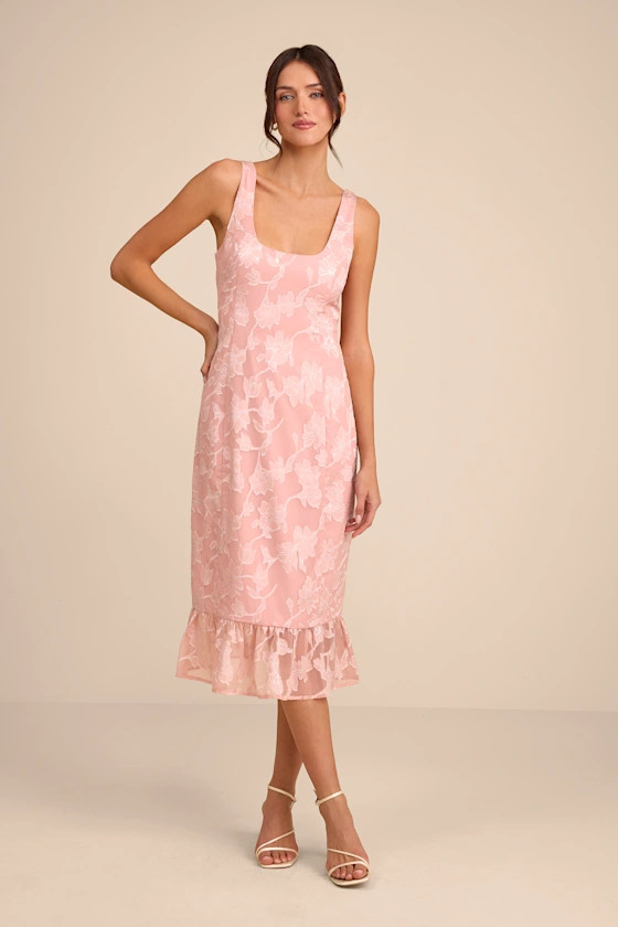 Elani Blush Pink Floral Burnout Trumpet Midi Dress | Lulus