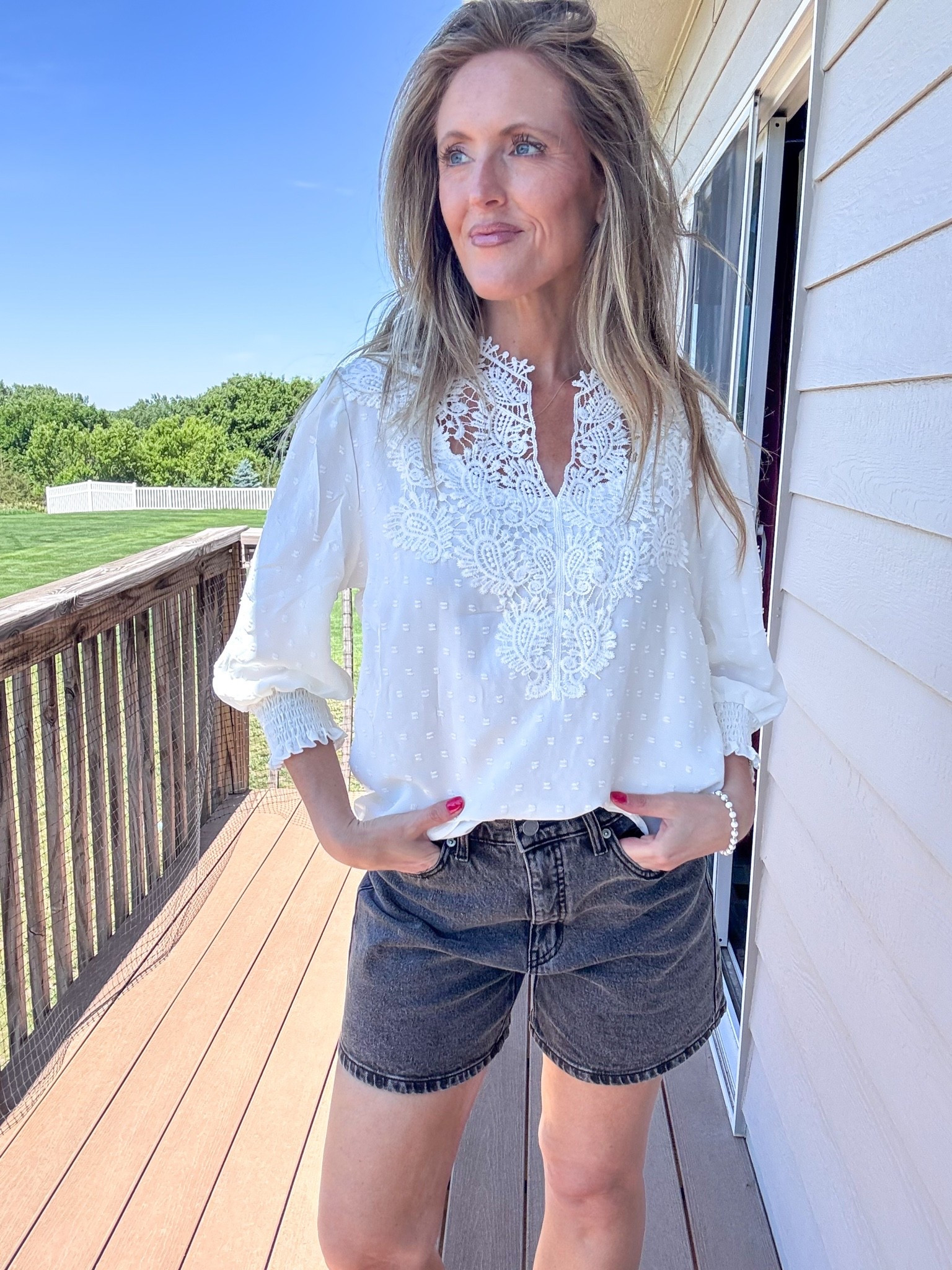 This one blouse has the most beautiful details! 🤍 Loving the neckline and Swiss dots throughout! Wearing a medium. 

As an Amazon Influencer I earn commission on qualifying purchases.

White blouse, mom style, work attire, office wear, black 5” inseam denim, viral denim shorts, spring tops, lightweight summer tops

#LTKWorkwear #LTKOver40 #LTKootd
