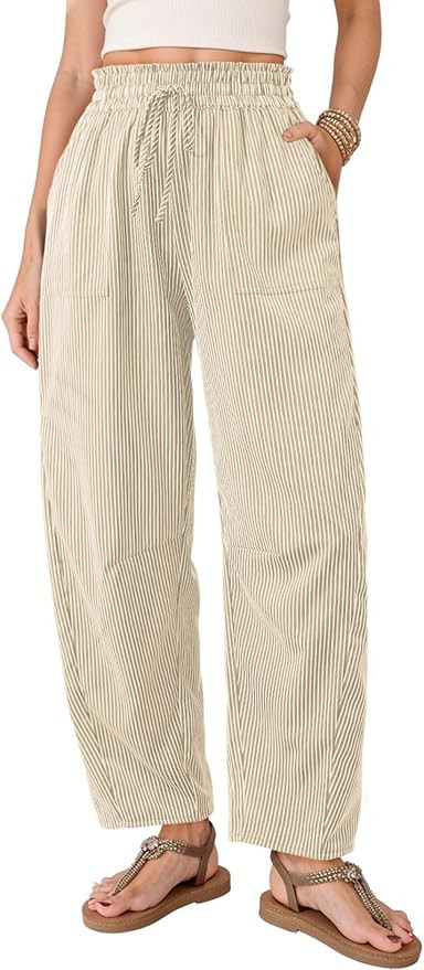 Dokotoo Women's Striped Barrel Casual Pants High Waisted 2026 Elastic Drawstring Trousers | Amazon (US)
