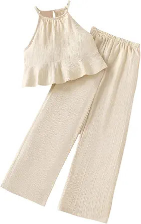 SweatyRocks Girl's 2 Piece Outfits Ruffle Halter Sleeveless Top and Elastic High Waisted Pants Se... | Amazon (US)