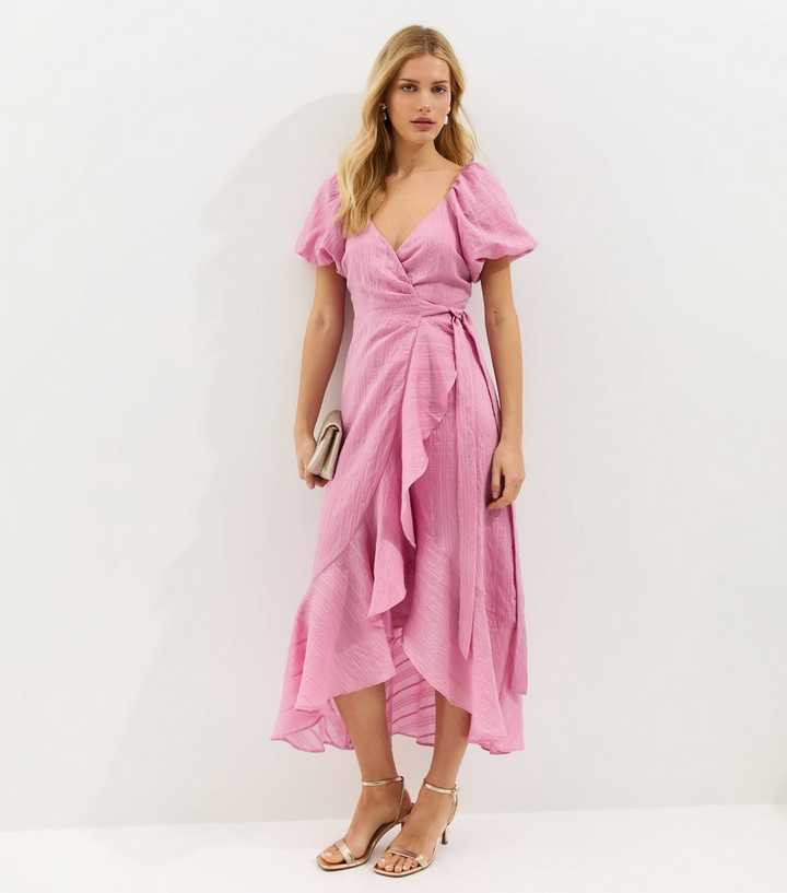 Pink Textured Ruffle Trimmed Wrap Midi Dress | New Look | New Look (UK)